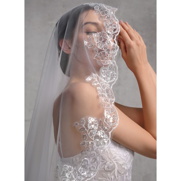 One-tier Lace Applique Edge Cathedral Bridal Veils With Lace