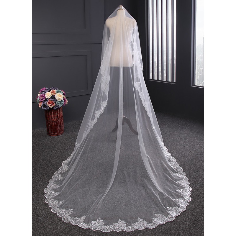 One-tier Lace Applique Edge Cathedral Bridal Veils With Lace