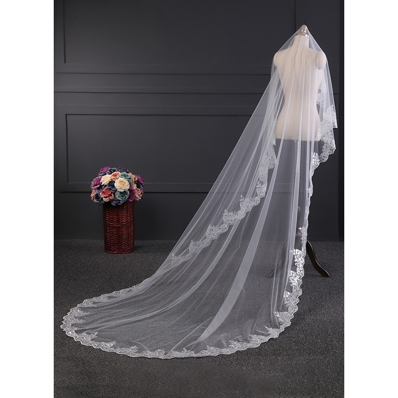 One-tier Lace Applique Edge Cathedral Bridal Veils With Lace