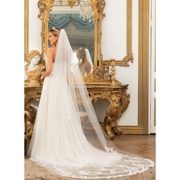 One-tier Lace Applique Edge Cathedral Bridal Veils With Lace