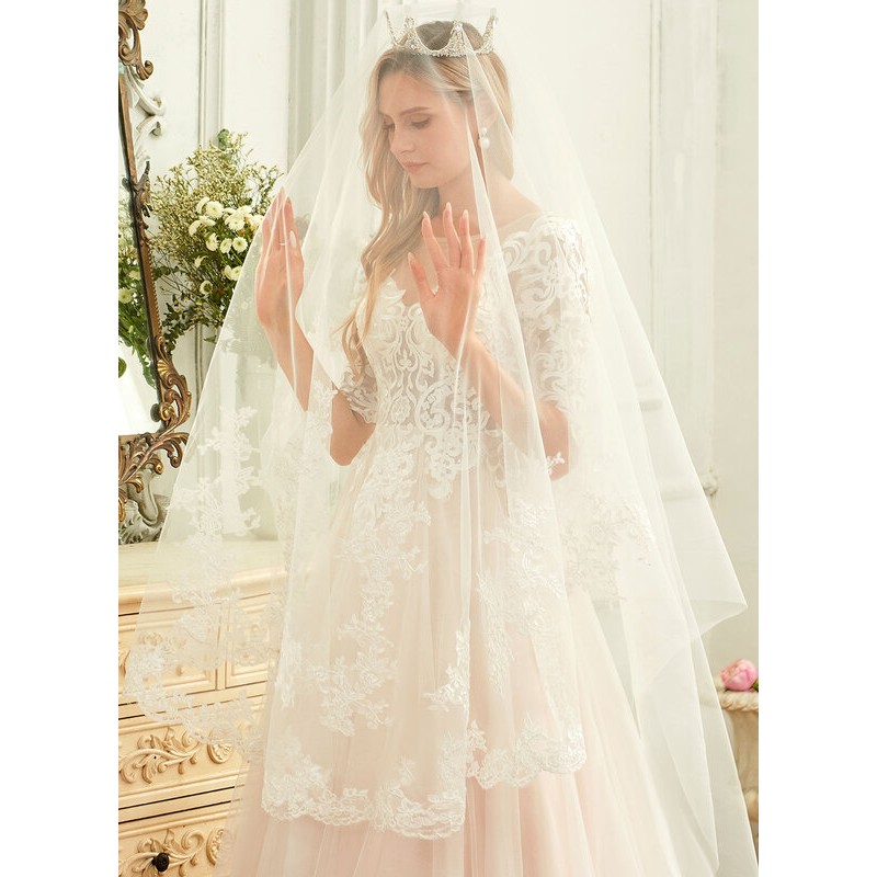 One-tier Lace Applique Edge Cathedral Bridal Veils With Lace