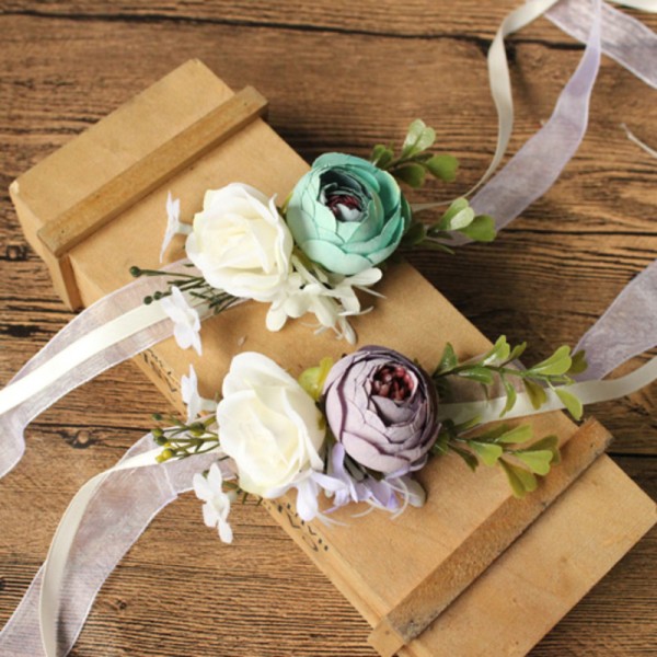 Girly Free-Form Silk Flower Wrist Corsage/Boutonniere/Wedding Bouquet sets - Wrist Corsage/Boutonniere