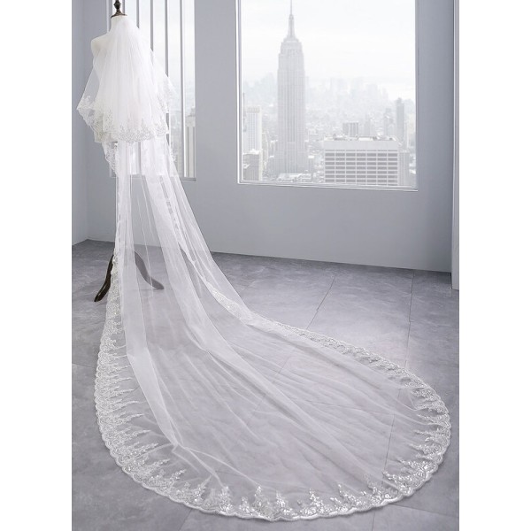 Two-tier Lace Applique Edge Chapel Bridal Veils With Lace