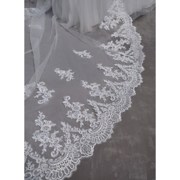 One-tier Lace Applique Edge Cathedral Bridal Veils With Lace