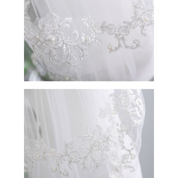 Two-tier Lace Applique Edge Elbow Bridal Veils With Lace