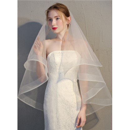 Two-tier Pencil Edge Fingertip Bridal Veils With Ribbon