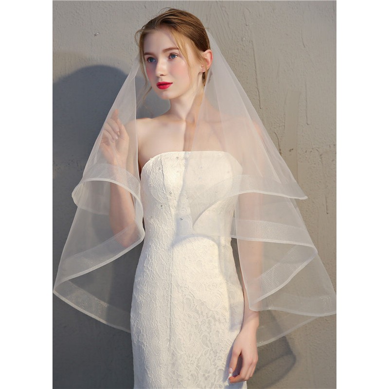 Two-tier Pencil Edge Fingertip Bridal Veils With Ribbon