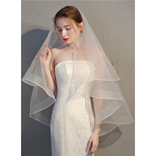 Two-tier Pencil Edge Fingertip Bridal Veils With Ribbon