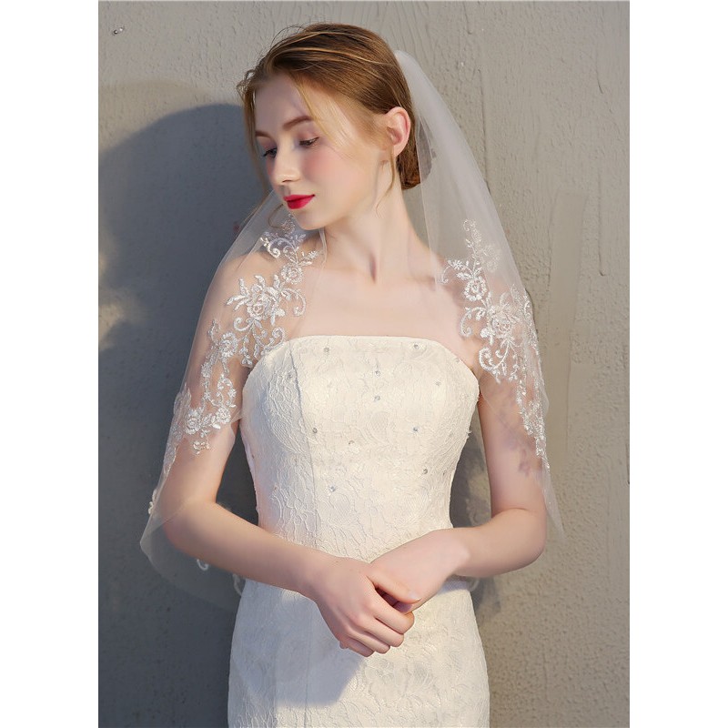 Two-tier Lace Applique Edge Elbow Bridal Veils