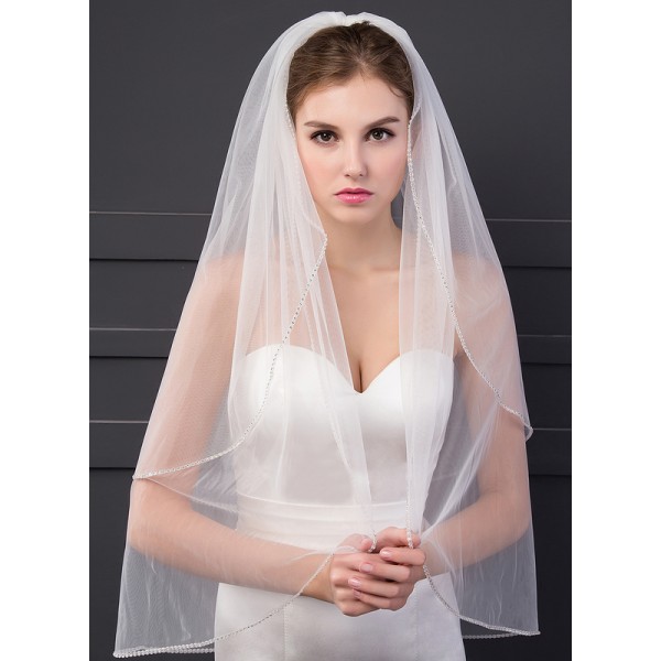 Two-tier Cut Edge Elbow Bridal Veils With Rhinestones