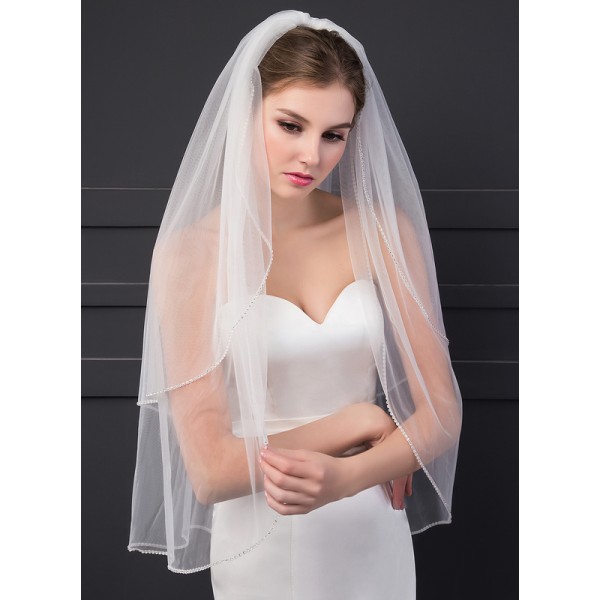 Two-tier Cut Edge Elbow Bridal Veils With Rhinestones