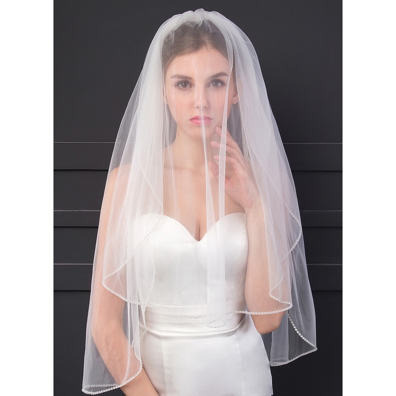 Two-tier Cut Edge Elbow Bridal Veils With Rhinestones