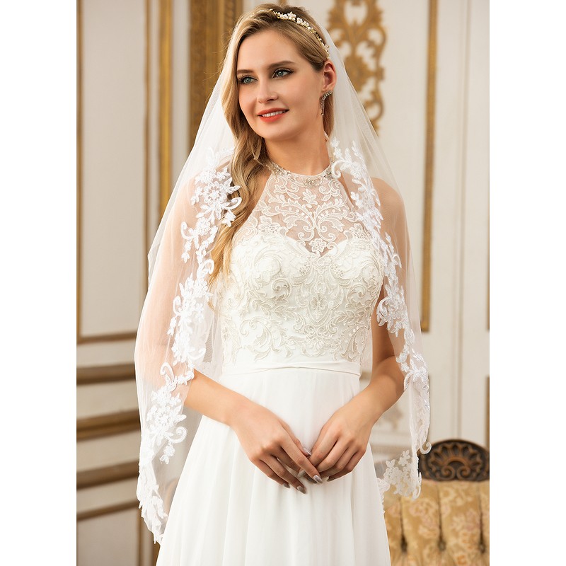 Two-tier Lace Applique Edge Elbow Bridal Veils With Lace