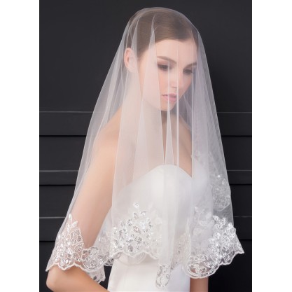 One-tier Lace Applique Edge Elbow Bridal Veils With Sequin/Lace