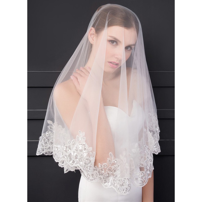 One-tier Lace Applique Edge Elbow Bridal Veils With Sequin/Lace