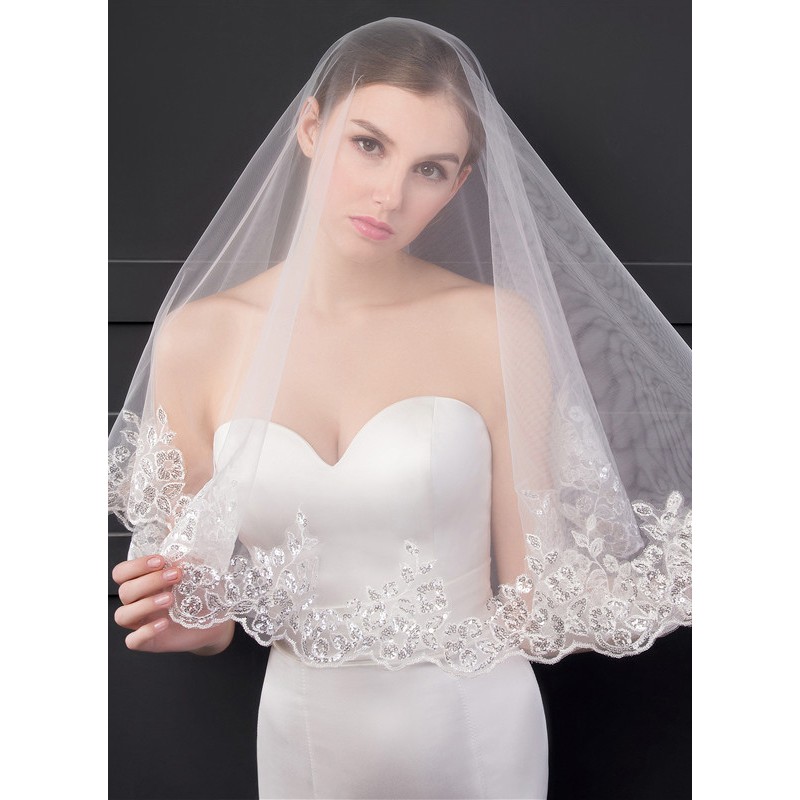 One-tier Lace Applique Edge Elbow Bridal Veils With Sequin/Lace