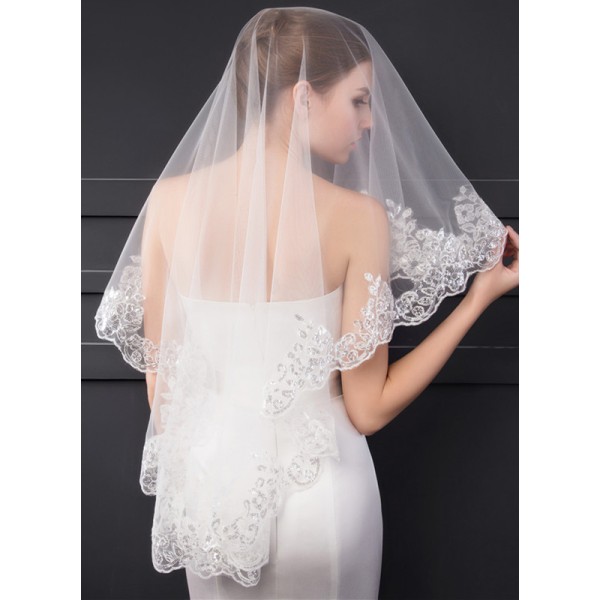 One-tier Lace Applique Edge Elbow Bridal Veils With Sequin/Lace