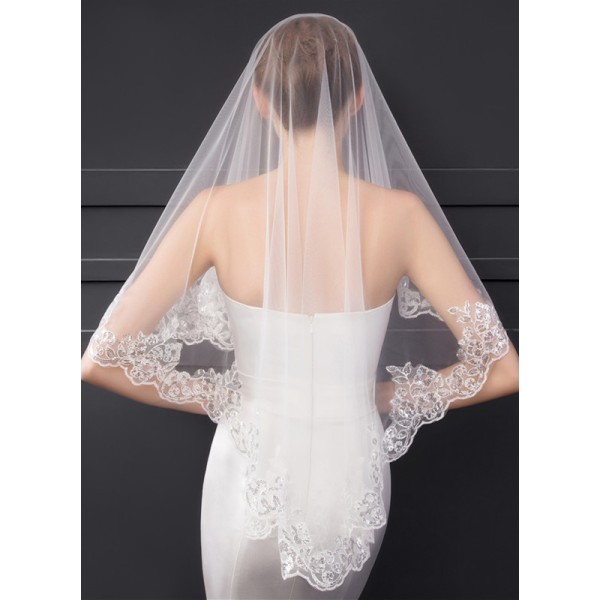 One-tier Lace Applique Edge Elbow Bridal Veils With Sequin/Lace