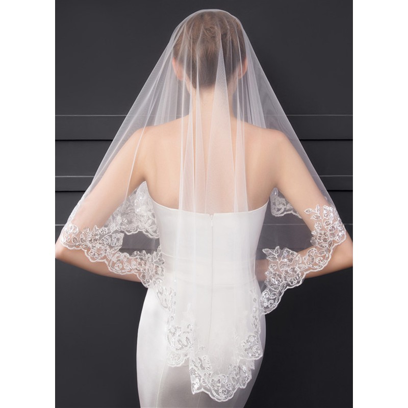 One-tier Lace Applique Edge Elbow Bridal Veils With Sequin/Lace