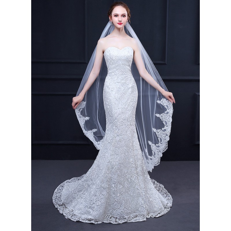 One-tier Lace Applique Edge Waltz Bridal Veils With Lace