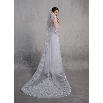 One-tier Lace Applique Edge Chapel Bridal Veils With Lace