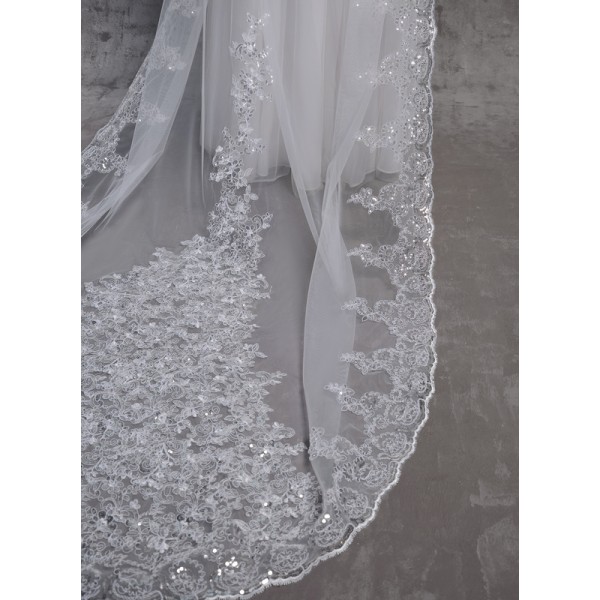 One-tier Lace Applique Edge Chapel Bridal Veils With Lace