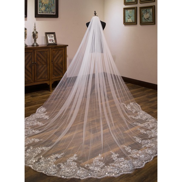 One-tier Lace Applique Edge Cathedral Bridal Veils With Lace