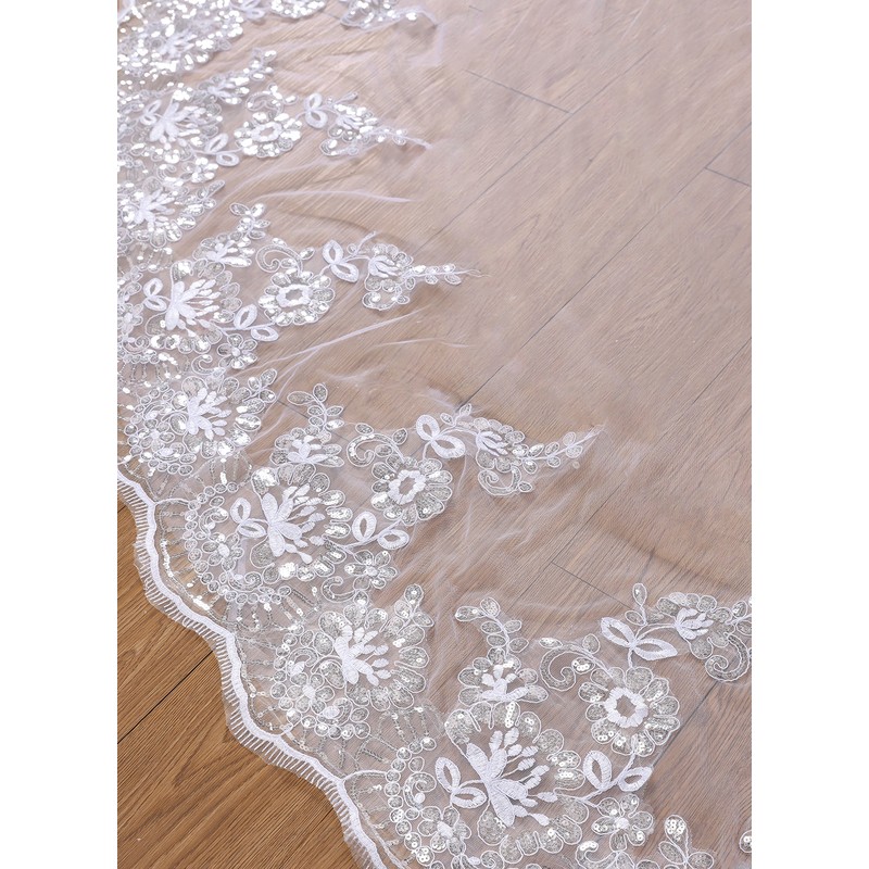 One-tier Lace Applique Edge Cathedral Bridal Veils With Lace