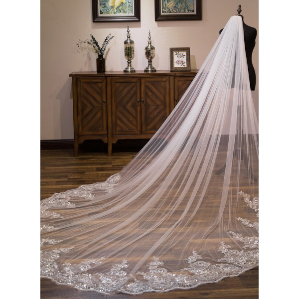 One-tier Lace Applique Edge Cathedral Bridal Veils With Lace