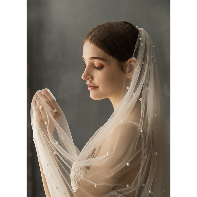 One-tier Pencil Edge Chapel Bridal Veils With Faux Pearl