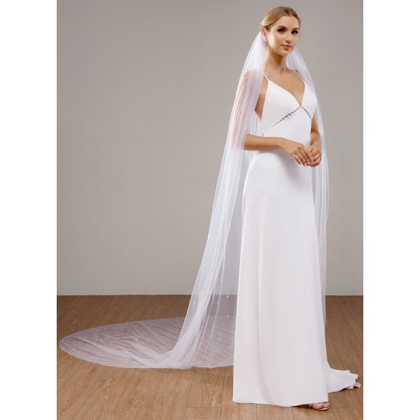 One-tier Cut Edge Chapel Bridal Veils With Faux Pearl