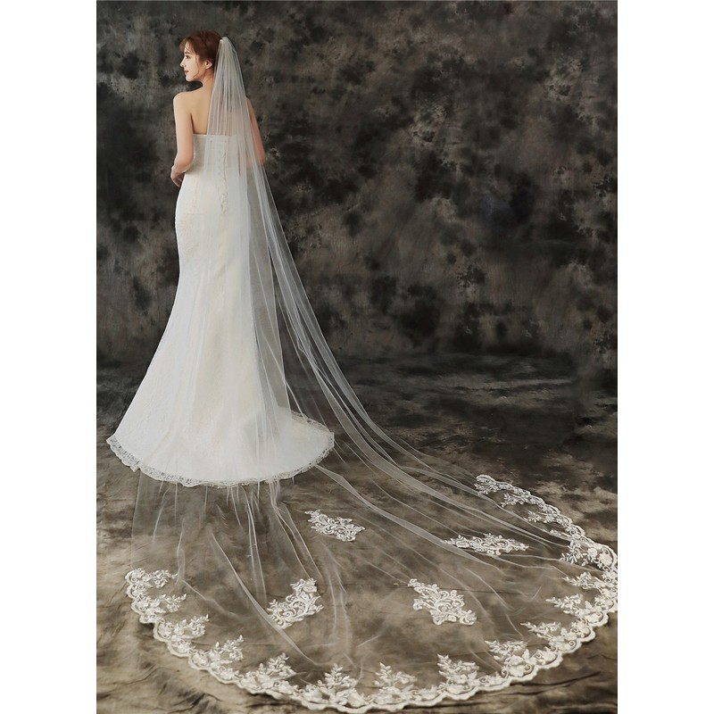 One-tier Lace Applique Edge Chapel Bridal Veils With Lace