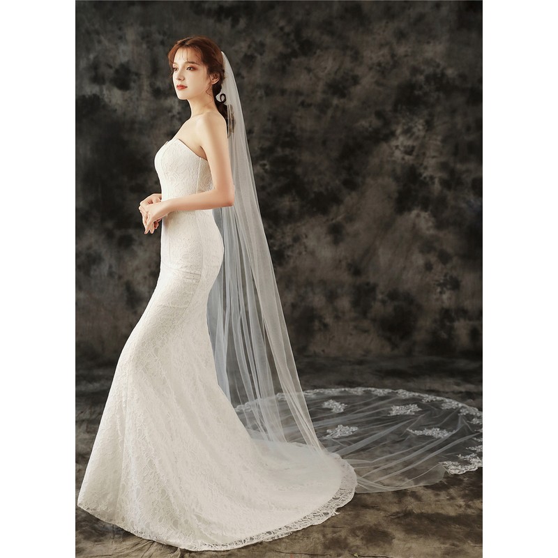 One-tier Lace Applique Edge Chapel Bridal Veils With Lace