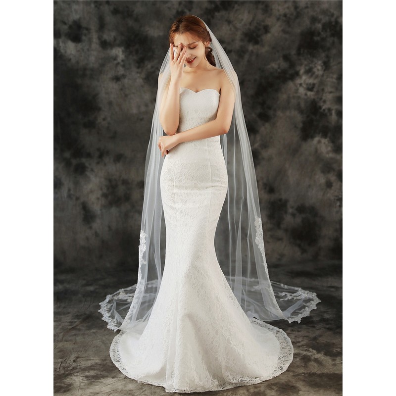 One-tier Lace Applique Edge Chapel Bridal Veils With Lace