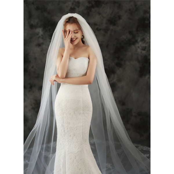 One-tier Lace Applique Edge Cathedral Bridal Veils With Lace