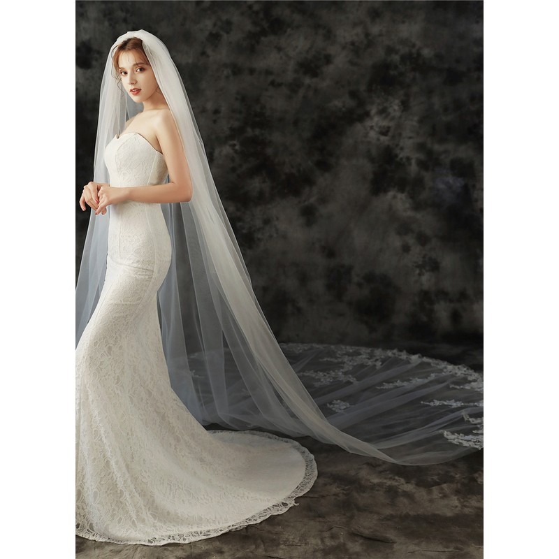 One-tier Lace Applique Edge Cathedral Bridal Veils With Lace