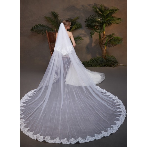 Two-tier Lace Applique Edge Cathedral Bridal Veils With Lace