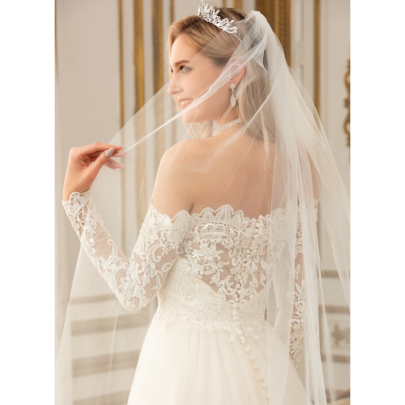 One-tier Lace Applique Edge Cathedral Bridal Veils With Lace