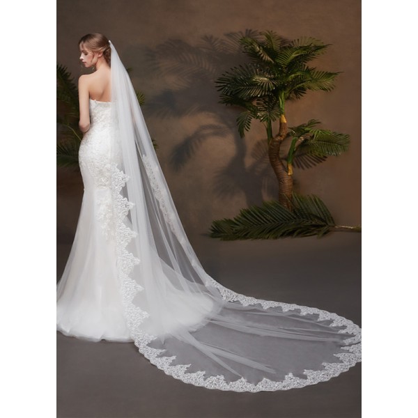 One-tier Lace Applique Edge Chapel Bridal Veils With Lace