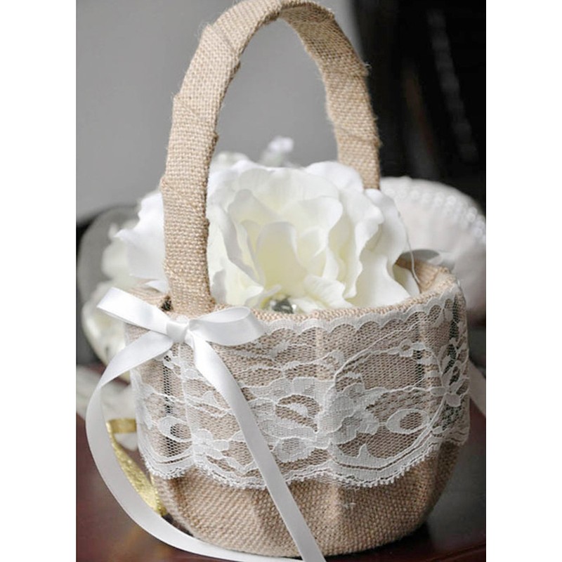 Flower Girl Linen/Lace Flower Basket With Bow/Ribbon