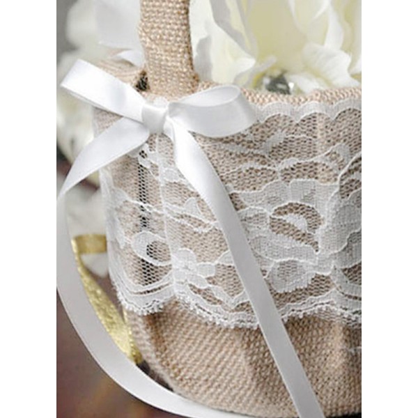 Flower Girl Linen/Lace Flower Basket With Bow/Ribbon