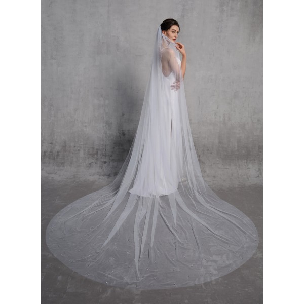 One-tier Cut Edge Cathedral Bridal Veils With Faux Pearl