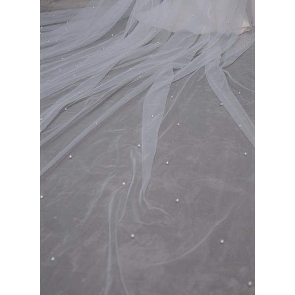 One-tier Cut Edge Cathedral Bridal Veils With Faux Pearl