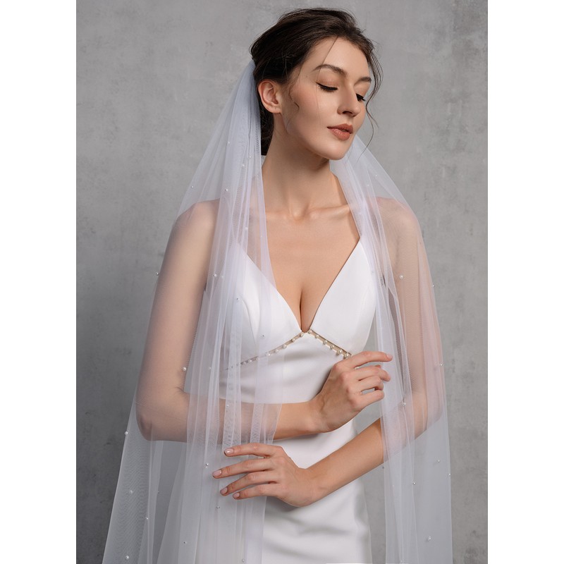 One-tier Cut Edge Cathedral Bridal Veils With Faux Pearl