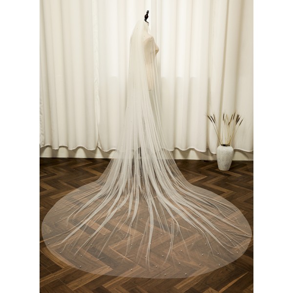 One-tier Cut Edge Cathedral Bridal Veils With Faux Pearl