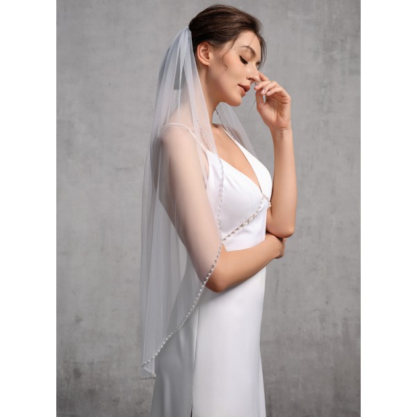 One-tier Cut Edge Fingertip Bridal Veils With Rhinestones