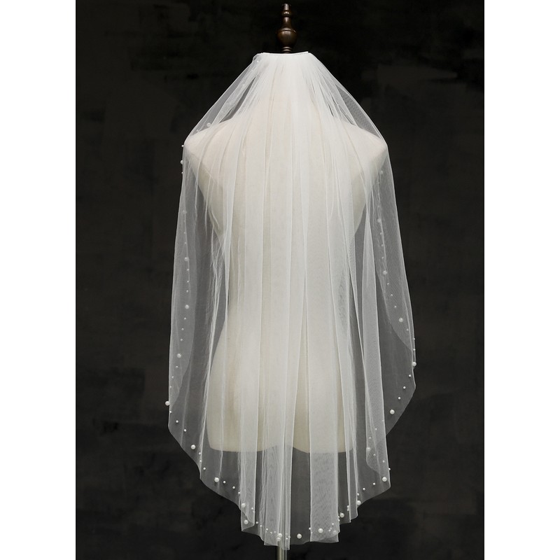 One-tier Cut Edge Fingertip Bridal Veils With Rhinestones