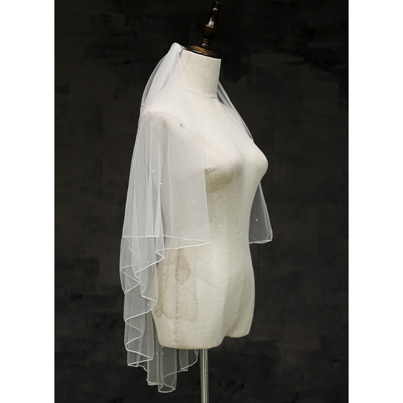 Two-tier Pencil Edge Fingertip Bridal Veils With Faux Pearl