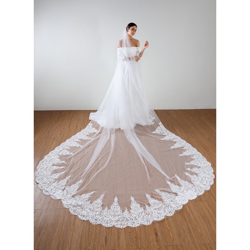 One-tier Lace Applique Edge Cathedral Bridal Veils With Lace