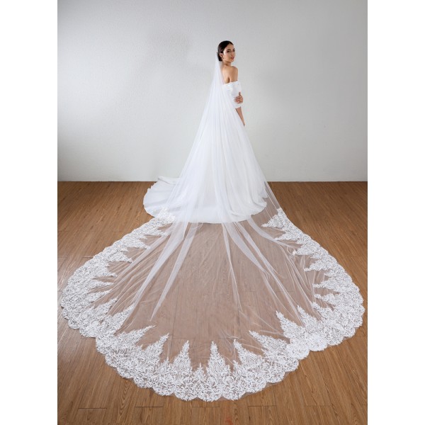 One-tier Lace Applique Edge Cathedral Bridal Veils With Lace